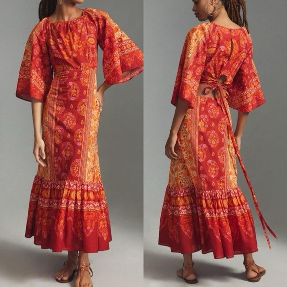 Farm Rio Anthropologie Red Boho Cutout Maxi Dress Tiered Hem XL Cotton ￼